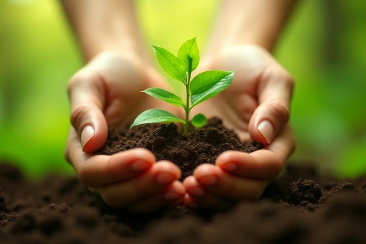 Manos sosteniendo una planta joven que crece en tierra con matices marrones y verdes
