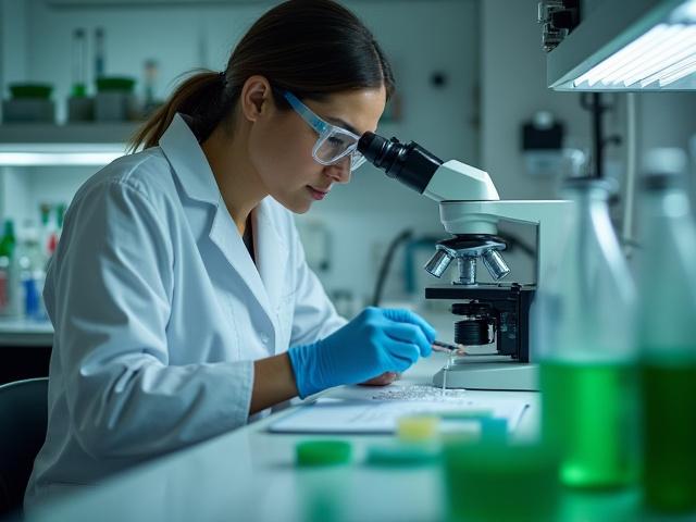 Científico de Pinta Fuerza analizando muestras de pigmento en un laboratorio moderno.
