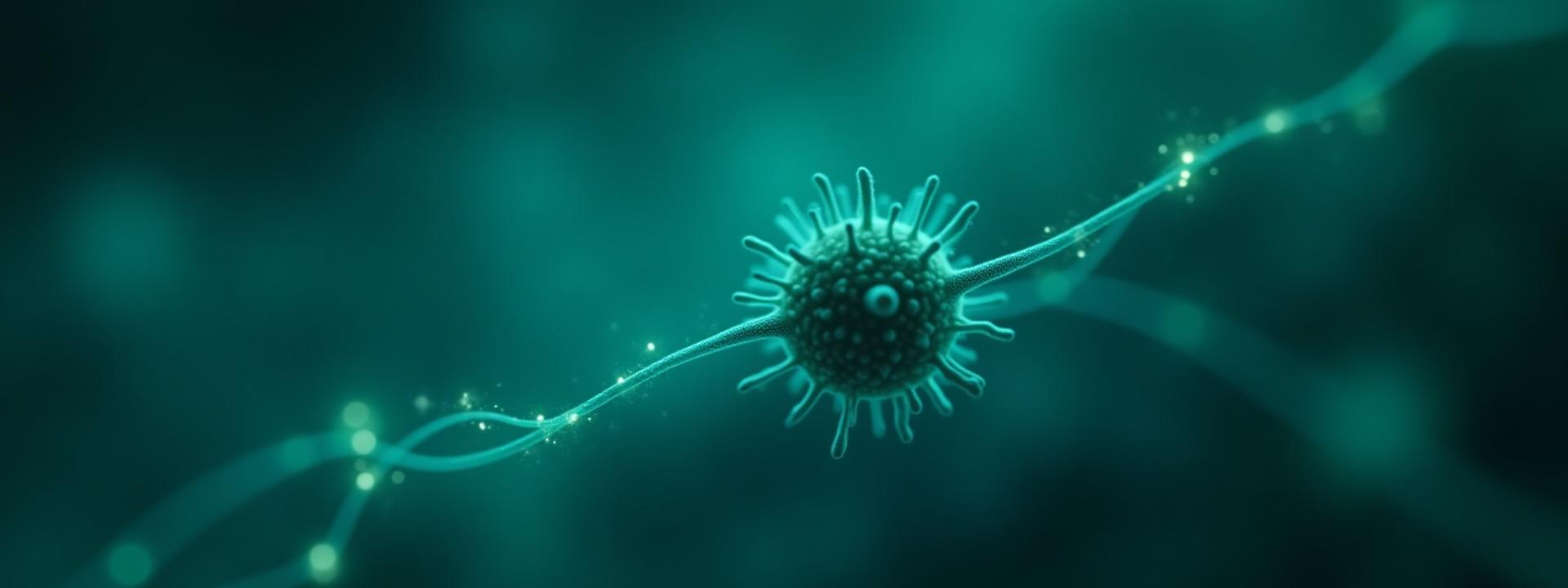 Fondo abstracto y futurista que representa estructuras moleculares y nanotecnología en tonos de azul y verde