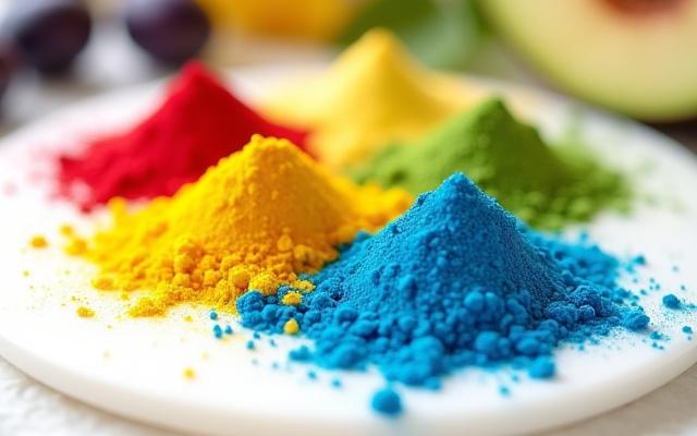 Detalle vibrante de pigmentos orgánicos de origen vegetal en tonos rojos, morados y verdes, en pequeños montículos sobre una superficie de laboratorio, exudando frescura.
