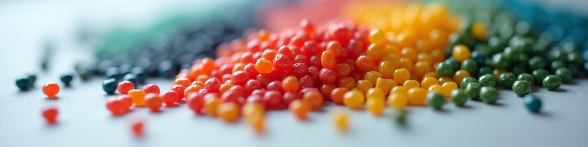 Pellets de plástico de colores vibrantes, representando masterbatch