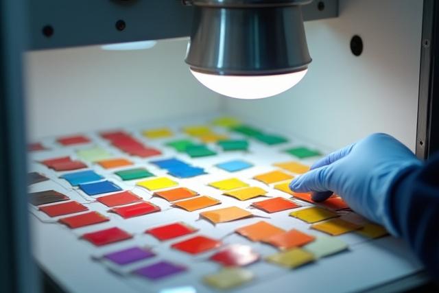 Muestras de color evaluadas dentro de una cabina de luz profesional con diferentes fuentes de iluminación.